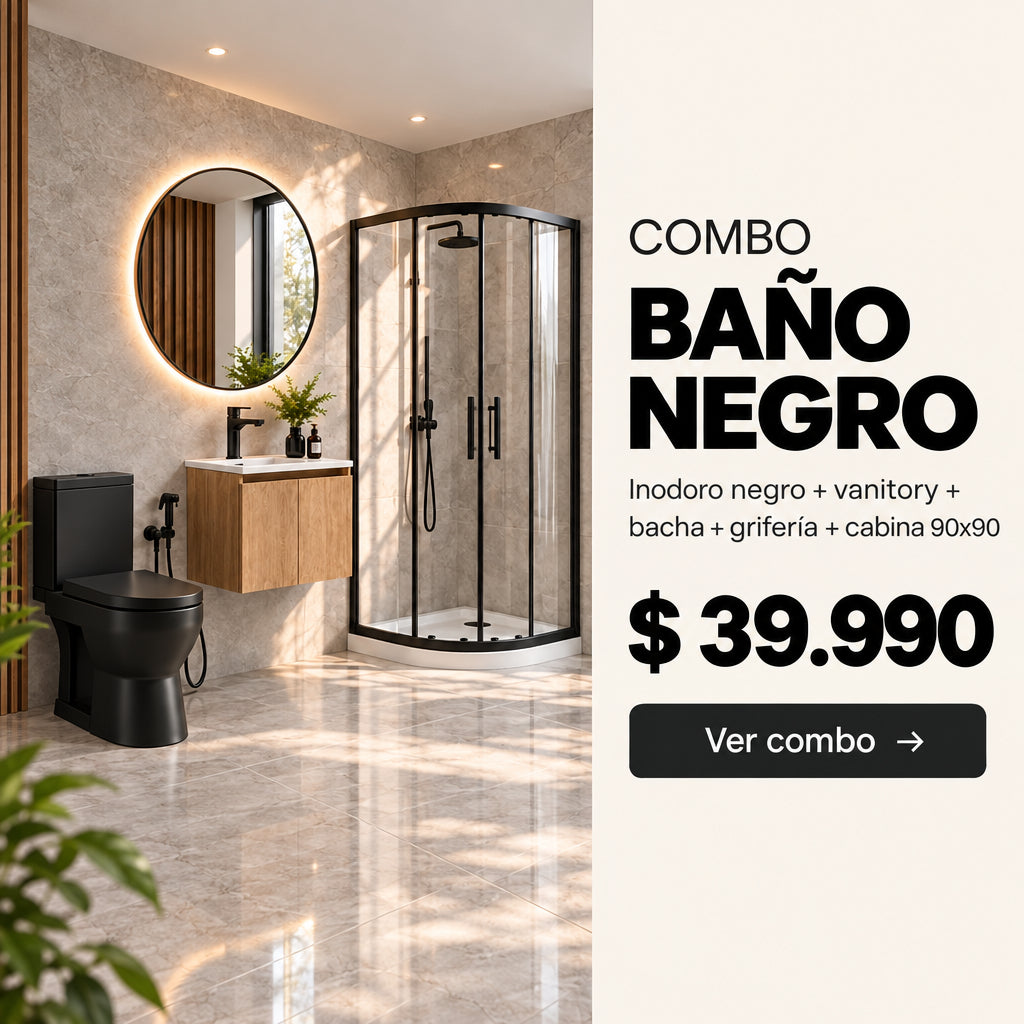 Combo Baño Negro Completo 4 – Inodoro + Cabina + Vanitory + Griferías | 7 Productos