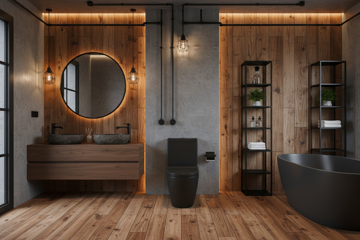 a bathroom which show a industrial and elegant desing, show a premium black toilet in the picture and a wood style